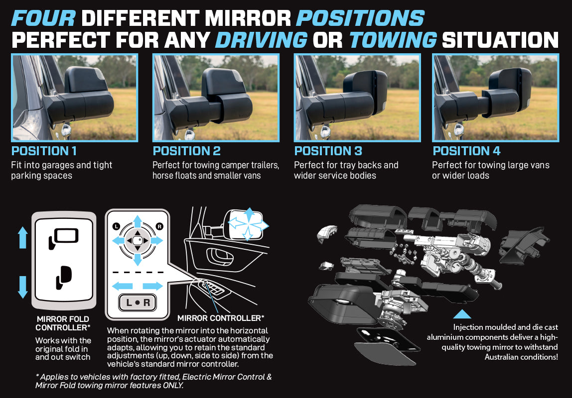 MSA 4x4 POWER FOLD™ Towing Mirrors - suitable for Landcruiser 76-78 Series 09/2023-Current (Chrome, Electric, Indicators, Power Fold) - TM453