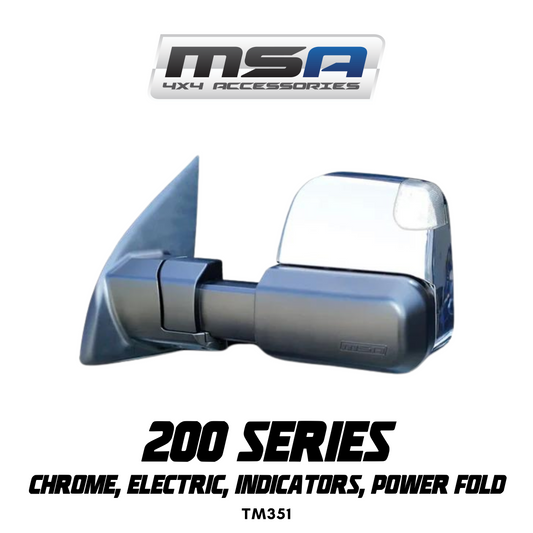 MSA 4x4 Power Foldâ„¢ Towing Mirrors - suitable for Landcruiser 200 Series 2007-2021 (Chrome, Electric, Indicators, Power Fold) - TM351