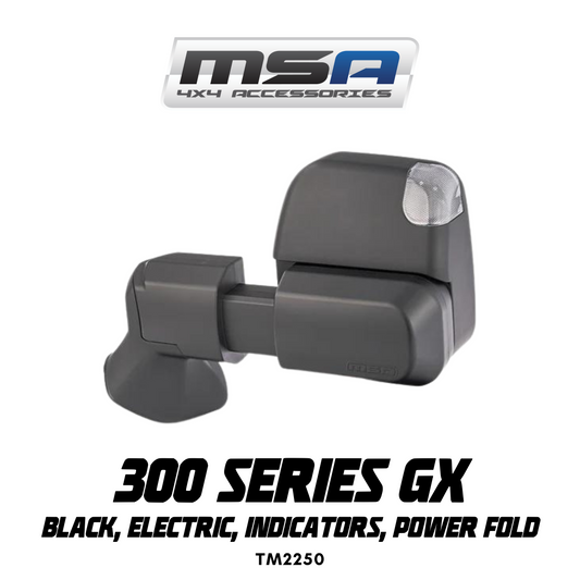 MSA 4x4 Power Foldâ„¢ Towing Mirrors - suitable for Landcruiser 300 Series GX 2021-Current (Black, Electric, Indicators, Power Fold) - TM2250