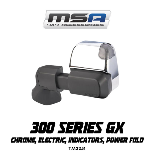 MSA 4x4 Power Foldâ„¢ Towing Mirrors - suitable for Landcruiser 300 Series GX 2021-Current (Chrome, Electric, Indicators, Power Fold) - TM2251