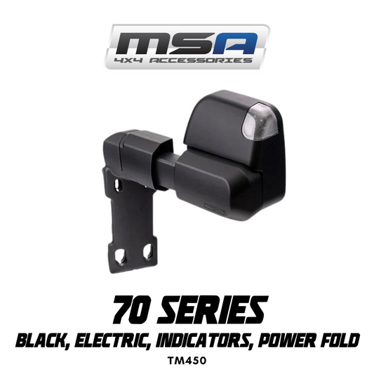 MSA 4x4 Power Foldâ„¢ Towing Mirrors - suitable for Landcruiser 70-79 Series 1984/09-2023 (Black, Electric, Indicators, Power Fold) - TM450