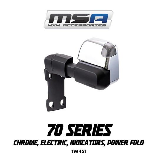 MSA 4x4 Power Foldâ„¢ Towing Mirrors - suitable for Landcruiser 70-79 Series 1984/09-2023 (Chrome, Electric, Indicators, Power Fold) - TM451