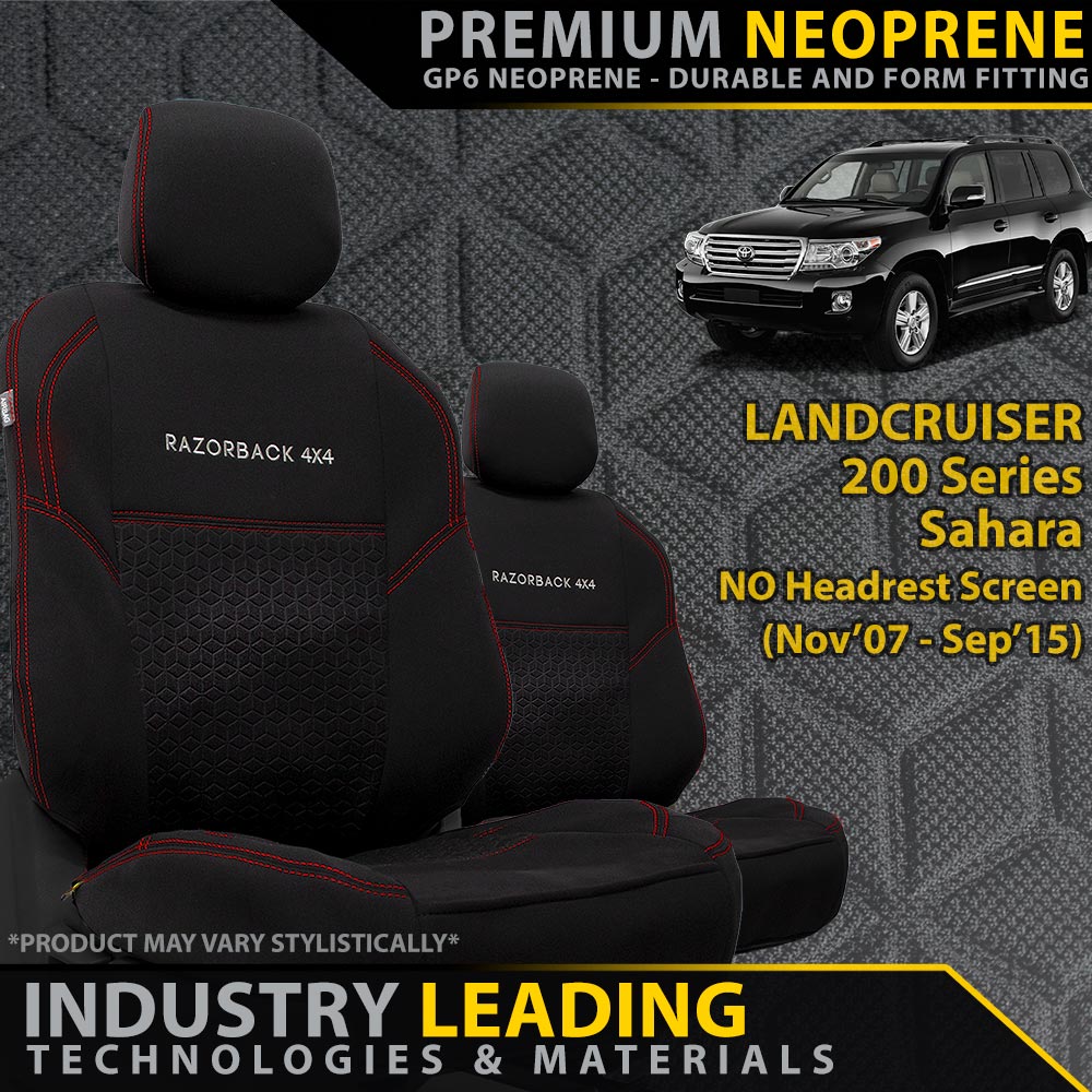Razorback 4x4 GP6 Premium Neoprene 2x Front Seat Covers suitable for a Toyota Landcruiser 200 Series Sahara (Pre Facelift)