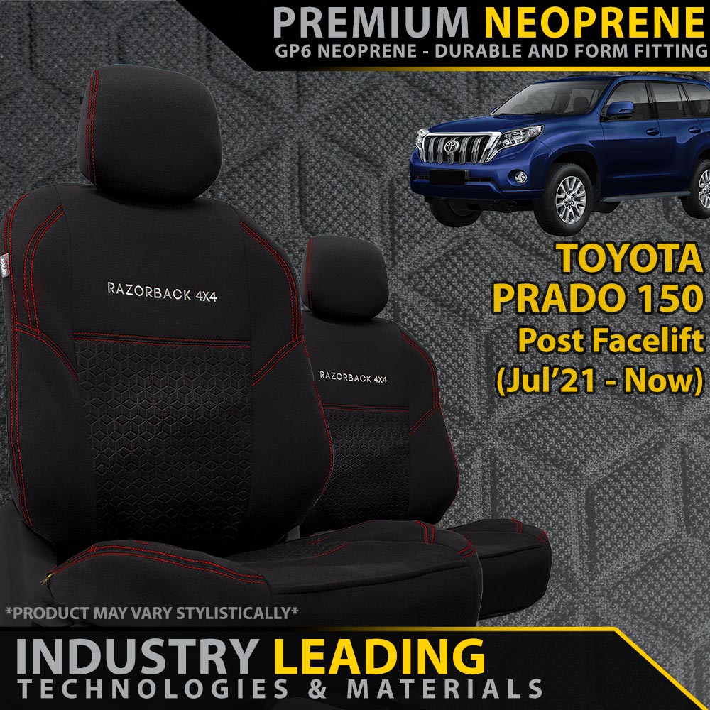 Razorback 4x4 GP6 Premium Neoprene 2x Front Seat Covers suitable for a Toyota Prado 150 (July 21+)