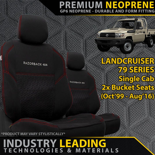Razorback 4x4 GP6 Premium Neoprene 2x Front Seat Covers suitable for a Toyota Landcruiser 79 Series Single Cab