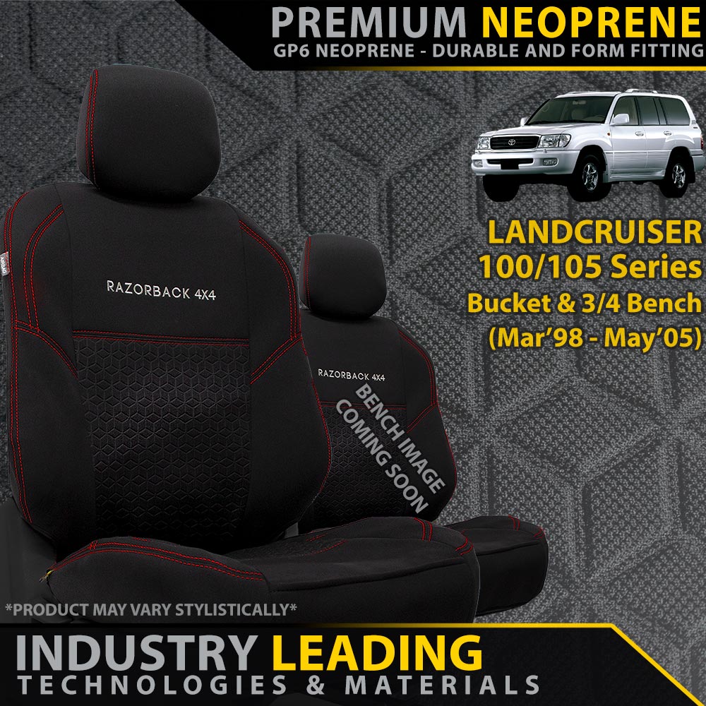 Razorback 4x4 GP6 Premium Neoprene Bucket and 3/4 Bench Front Seat Covers suitable for a Toyota Landcruiser 100/105 Series Standard