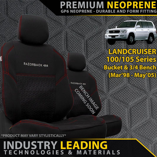 Razorback 4x4 GP6 Premium Neoprene Bucket and 3/4 Bench Front Seat Covers suitable for a Toyota Landcruiser 100/105 Series Standard