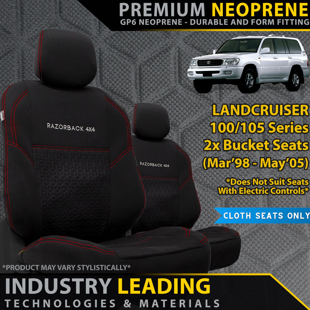 Razorback 4x4 GP6 Premium Neoprene 2x Front Seat Covers suitable for a Toyota Landcruiser 100/105 Series GXL, GXV & RV