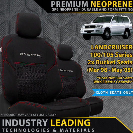 Razorback 4x4 GP6 Premium Neoprene 2x Front Seat Covers suitable for a Toyota Landcruiser 100/105 Series GXL, GXV & RV
