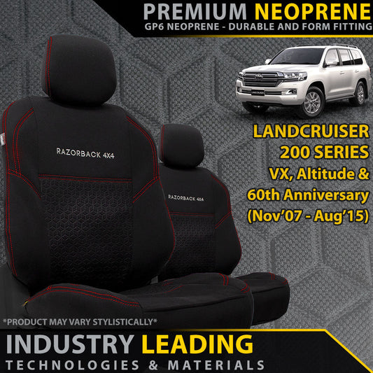 Razorback 4x4 GP6 Premium Neoprene 2x Front Seat Covers suitable for a Toyota Landcruiser 200 Series VX/Altitude