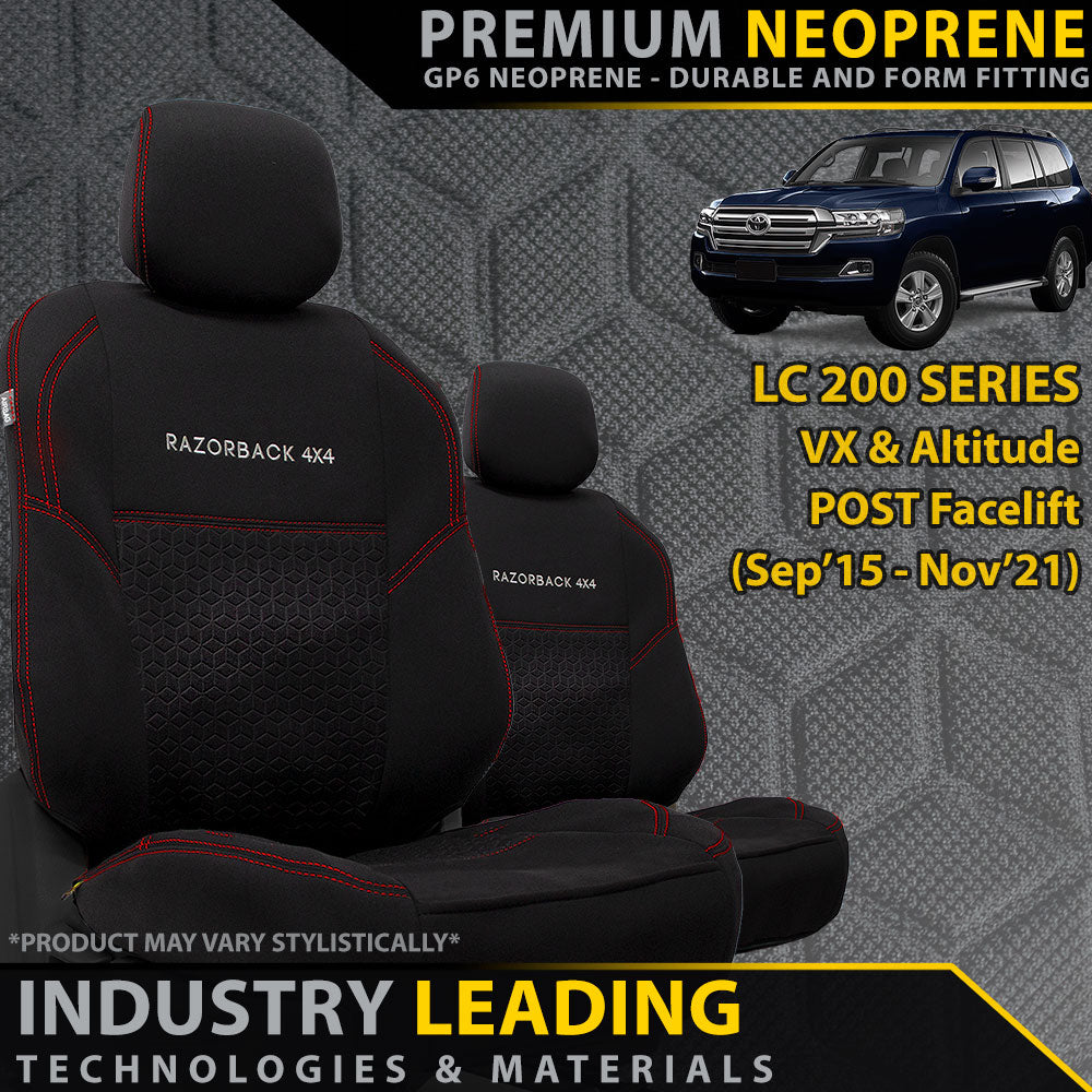 Razorback 4x4 GP6 Premium Neoprene 2x Front Seat Covers suitable for a Toyota Landcruiser 200 Series VX/Altitude (09/2015+)