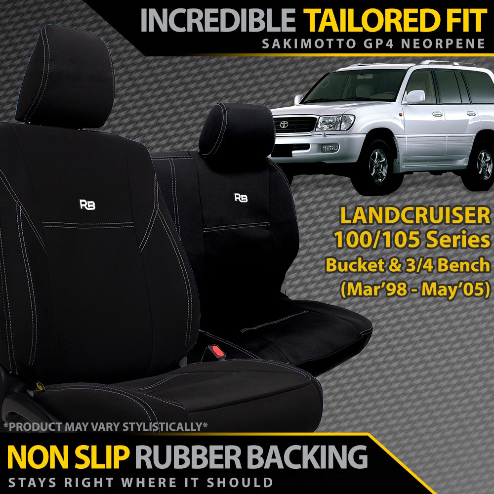 Razorback 4x4 GP4 Standard Neoprene Bucket and 3/4 Bench Front Seat Covers suitable for a Toyota Landcruiser 100/105 Series Standard (Made to Order)