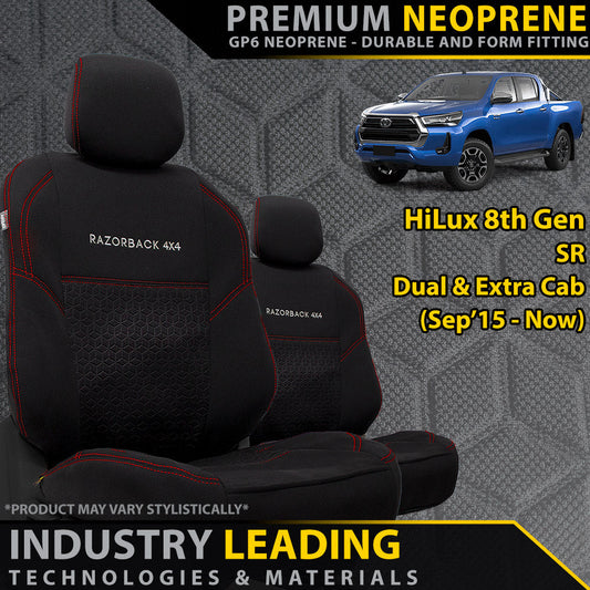 Razorback 4x4 GP6 Premium Neoprene Front Seat Covers For a Toyota HiLux 8th Gen (Cloth Seats Only) SR & SR5 (Sep 2015 - Current)