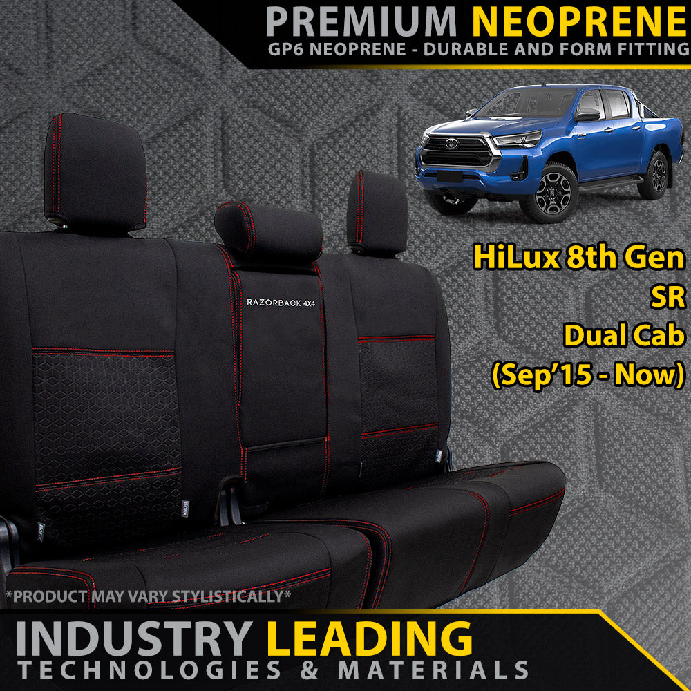 Razorback 4x4 GP6 Premium Neoprene Rear Row Seat Covers suitable for a Toyota HiLux 8th Gen SR (Available)
