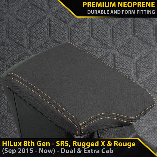 Razorback 4x4 GP6 Premium Neoprene Console Lid Cover suitable for a Toyota Hilux 8th Gen SR5, Rugged X & Rogue