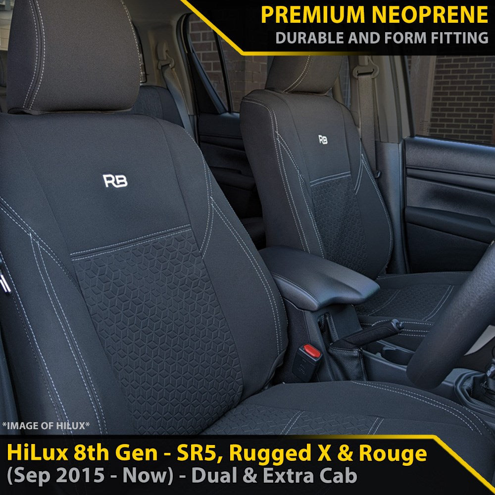 Razorback 4x4 GP6 Premium Neoprene Front Seat Covers For a Toyota HiLux 8th Gen (Leather Seats Only) SR5, Rugged X Rogue (Sep 2015 Current)