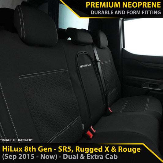 Razorback 4x4 GP6 Premium Neoprene Rear Row Seat Covers suitable for a Toyota HiLux 8th Gen SR5, Rugged X & Rogue