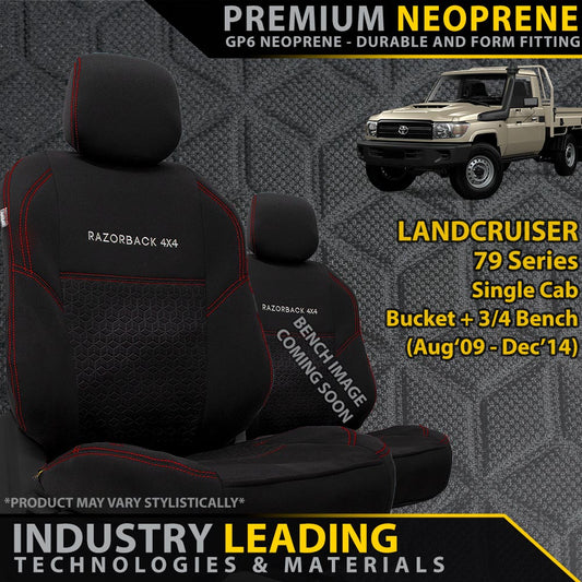 Razorback 4x4 GP6 Premium Neoprene Bucket and 3/4 Bench Front Seat Covers suitable for a Toyota Landcruiser 79 Series Single Cab