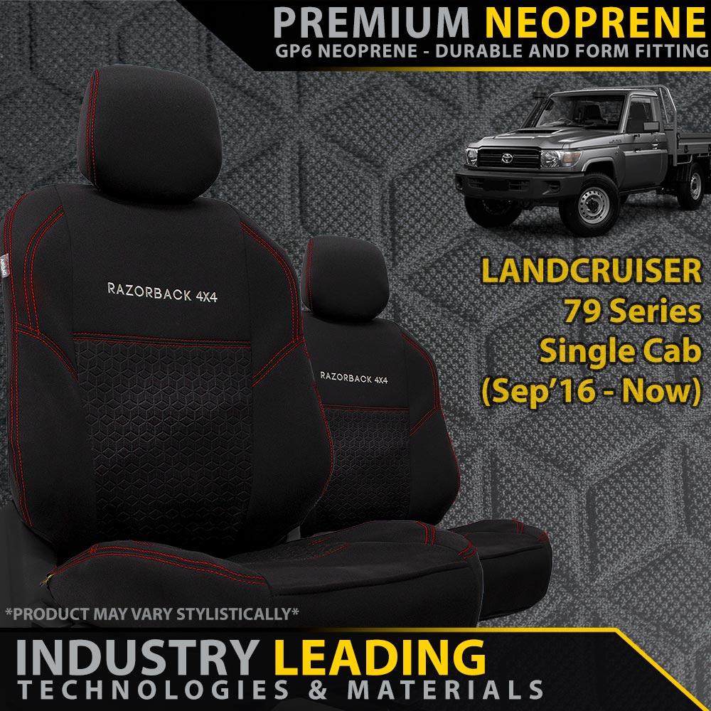 Razorback 4x4 GP6 Premium Neoprene 2x Front Seat Covers suitable for a Toyota Landcruiser 79 Series Single Cab (Sep 2016+)