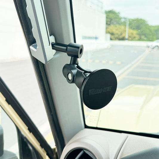 A-pillar magnetic phone holder fitted to a 70 Series LandCruiser