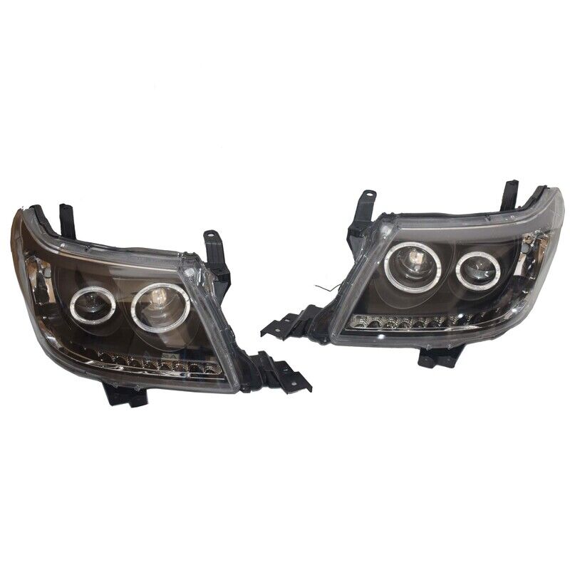 Smoke LED Headlights DRL HALO Projector Angel Eyes (Pair) - Suitable For Toyota Hilux N70 2011-2015