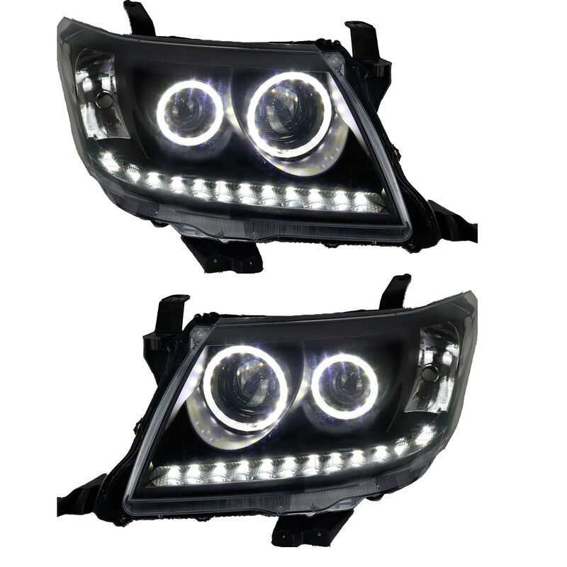Smoke LED Headlights DRL HALO Projector Angel Eyes (Pair) - Suitable For Toyota Hilux N70 2011-2015