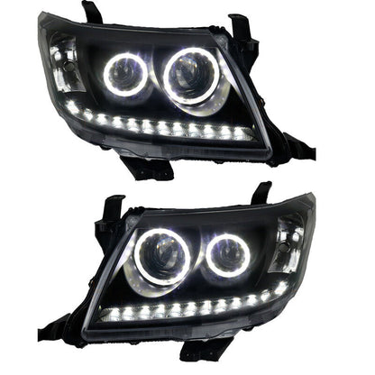 Smoke LED Headlights DRL HALO Projector Angel Eyes (Pair) - Suitable For Toyota Hilux N70 2011-2015