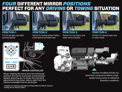 MSA 4x4 Towing Mirrors - suitable for Landcruiser 76-78 Series 2003-Current (Black, Electric, Indicators) - TM404