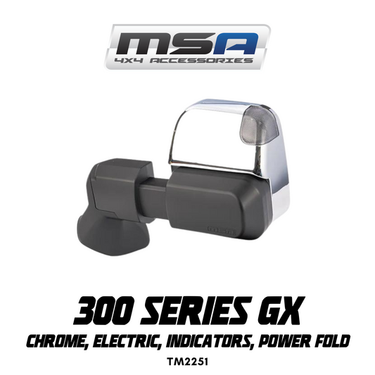 MSA 4x4 Power Fold™ Towing Mirrors - suitable for Landcruiser 300 Series GX 2021-Current (Chrome, Electric, Indicators, Power Fold) - TM2251