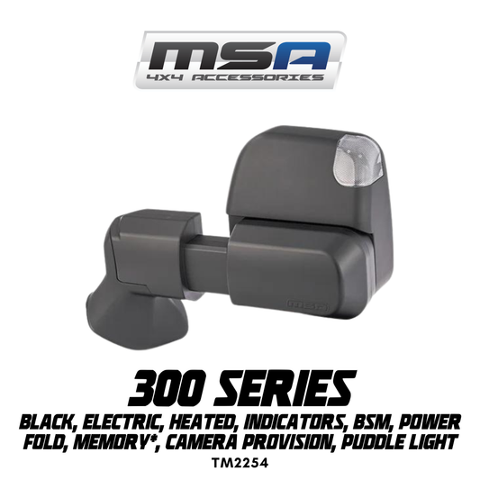 MSA 4x4 Power Fold™ Towing Mirrors - suitable for Landcruiser 300 Series 07/2021-01/2025 (Black, Electric, Heated, Indicators, BSM, Power Fold, Memory*, Camera Provision, Puddle Light) - TM2254
