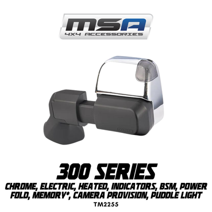 MSA 4x4 Power Fold™ Towing Mirrors - suitable for Landcruiser 300 Series 07/2021-01/2025 (Chrome, Electric, Heated, Indicators, BSM, Power Fold, Memory*, Camera Provision, Puddle Light) - TM2255