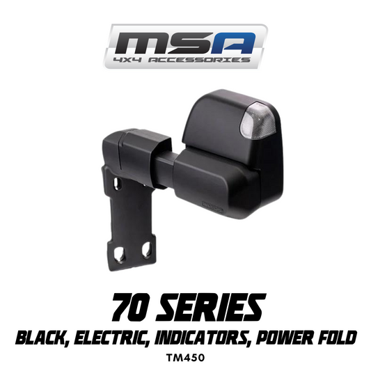 MSA 4x4 Power Fold™ Towing Mirrors - suitable for Landcruiser 70-79 Series 1984-2023 (Black, Electric, Indicators, Power Fold) - TM450