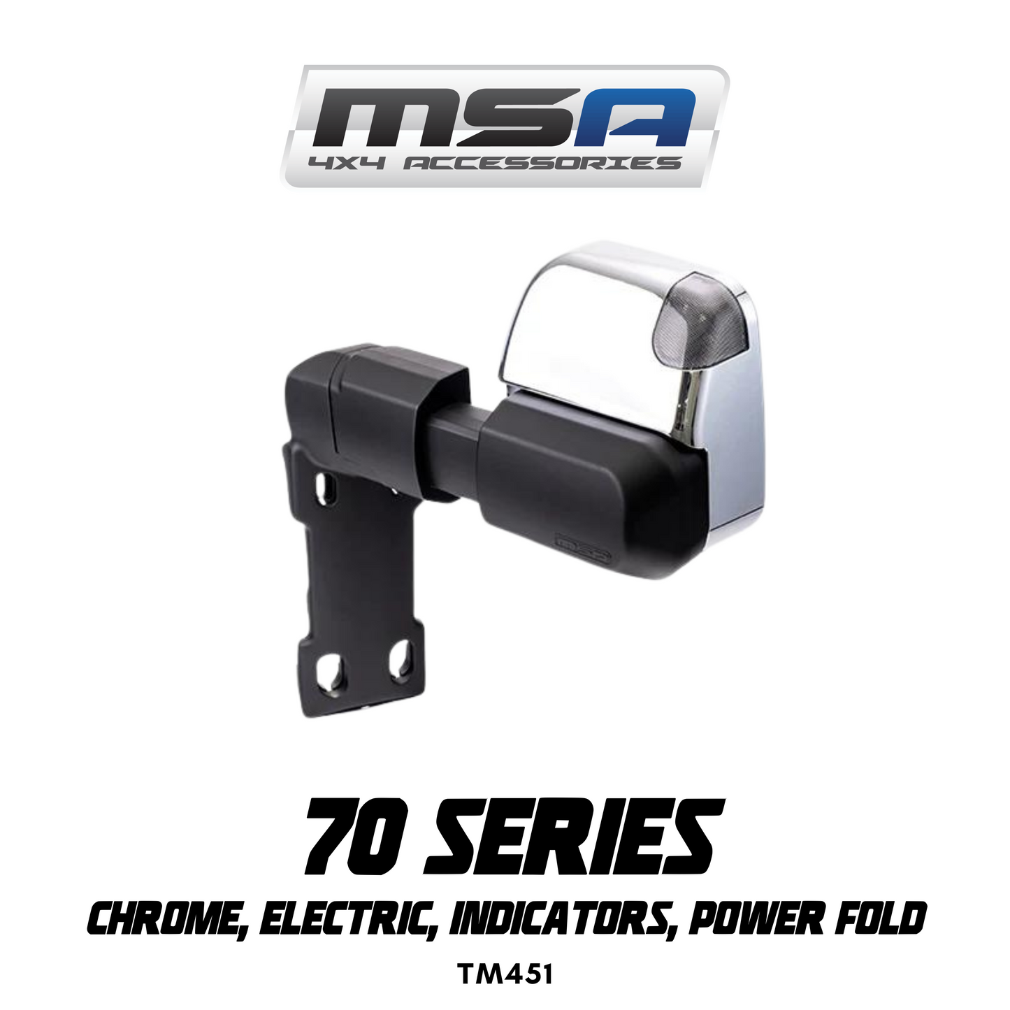 MSA 4x4 Power Fold™ Towing Mirrors - suitable for Landcruiser 70-79 Series 1984-2023 (Chrome, Electric, Indicators, Power Fold) - TM451