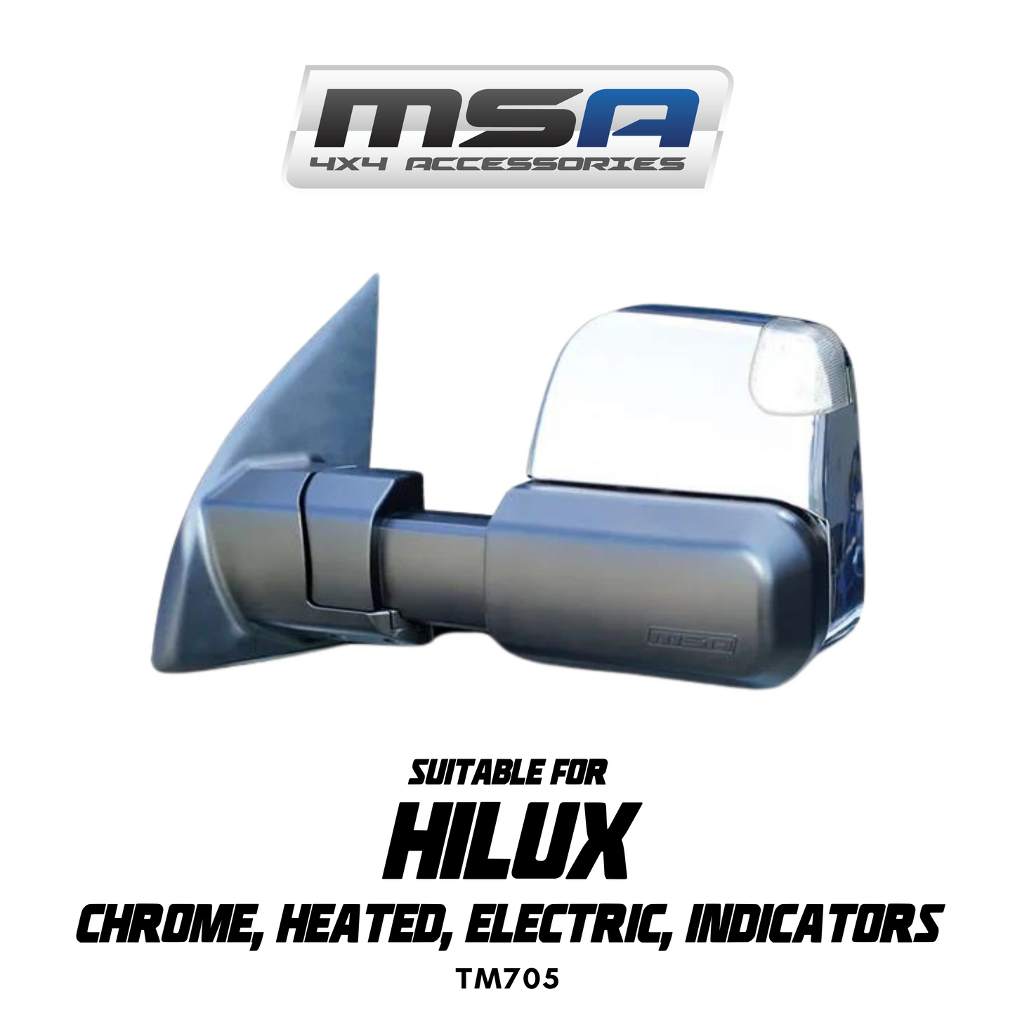 MSA 4x4 Towing Mirrors - suitable for Hilux 2015-Current (Chrome, Heated, Electric, Indicators) - TM705