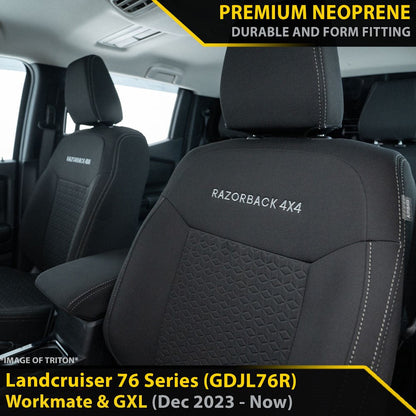 Razorback 4x4 GP6 Premium Neoprene 2x Front Seat Covers suitable for a Toyota Landcruiser 76 Series Post Facelift (GDJL76R)