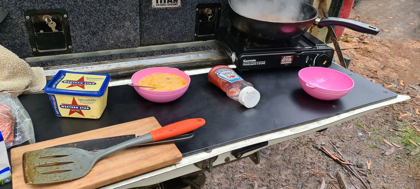 durable black tailgate chopping board use for camping and offroad suitable for use with landcruiser 80 series