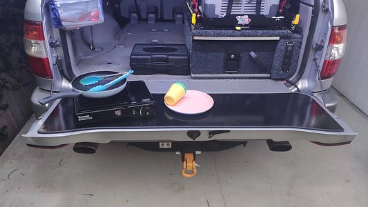 durable black tailgate chopping board use for camping and offroad suitable for use with landcruiser 80 series
