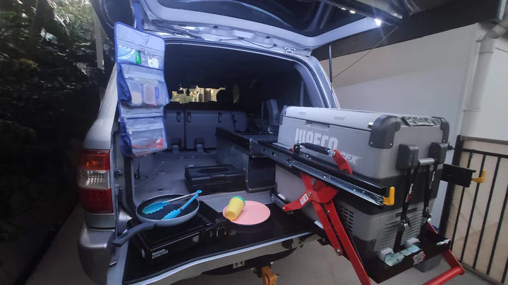 durable black tailgate chopping board use for camping and offroad suitable for use with landcruiser 80 series
