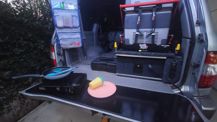 durable black tailgate chopping board use for camping and offroad suitable for use with landcruiser 80 series