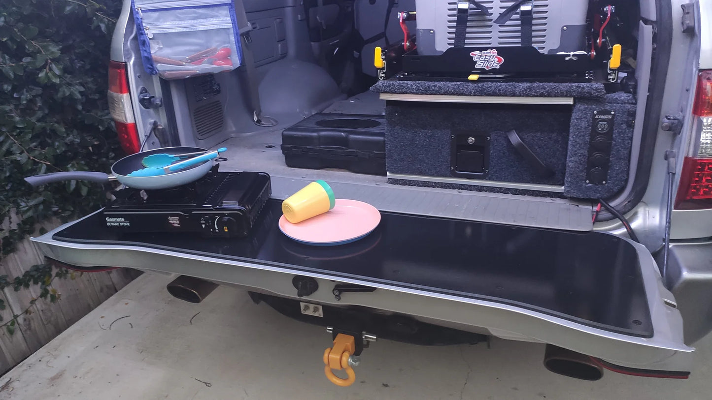 durable black tailgate chopping board use for camping and offroad suitable for use with landcruiser 80 series