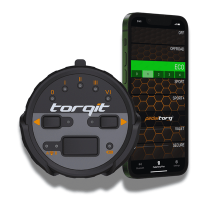 Torqit Pedal Torq Plus unit, remote and illustrative smartphone app display