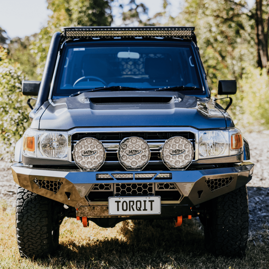 Toyota LandCruiser 79 Series with Torqit stainless steel snorkel, front view
