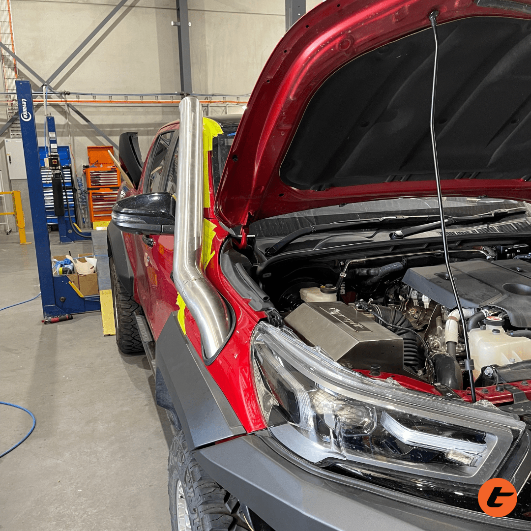 Torqit snorkel on Toyota Hilux 2.8L, stainless steel finish, view 5