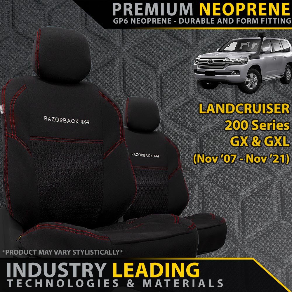 Razorback 4x4 GP6 Premium Neoprene 2x Front Seat Covers suitable for a Toyota Landcruiser 200 Series GX/GXL