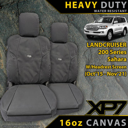 Razorback 4x4 XP7 Heavy Duty Canvas 2x Front Seat Covers suitable for a Toyota Landcruiser 200 Series Sahara W/Headrest Screen (Made to Order)