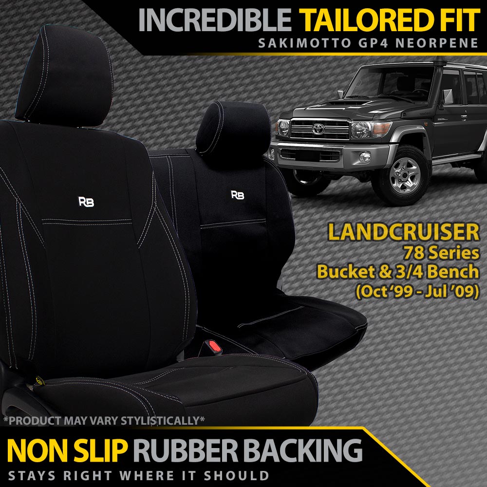 Razorback 4x4 GP4 Standard Neoprene Bucket and 3/4 Bench Front Seat Covers suitable for a Toyota Landcruiser 78 Series (In Stock)