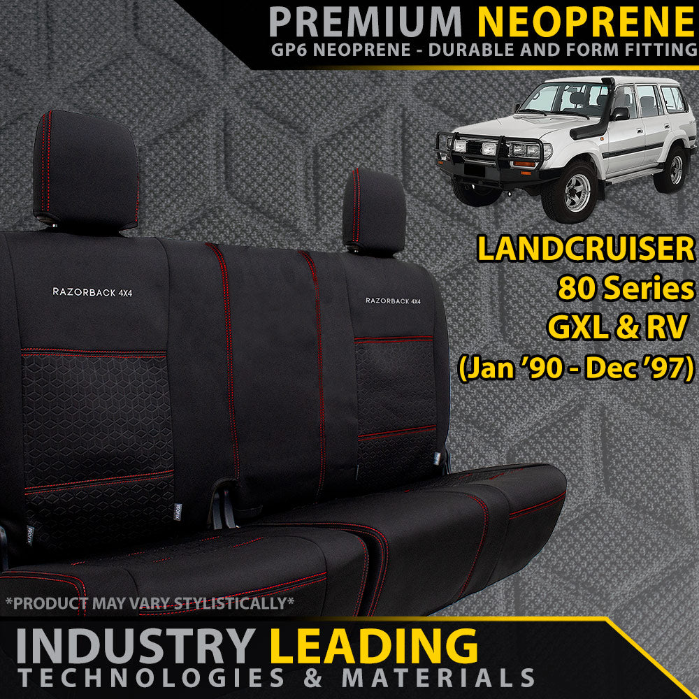 Razorback 4x4 GP6 Premium Neoprene Rear Row (50/50 Split) Seat Covers suitable for a Toyota Landcruiser 80 Series GXL & RV (Made to Order)