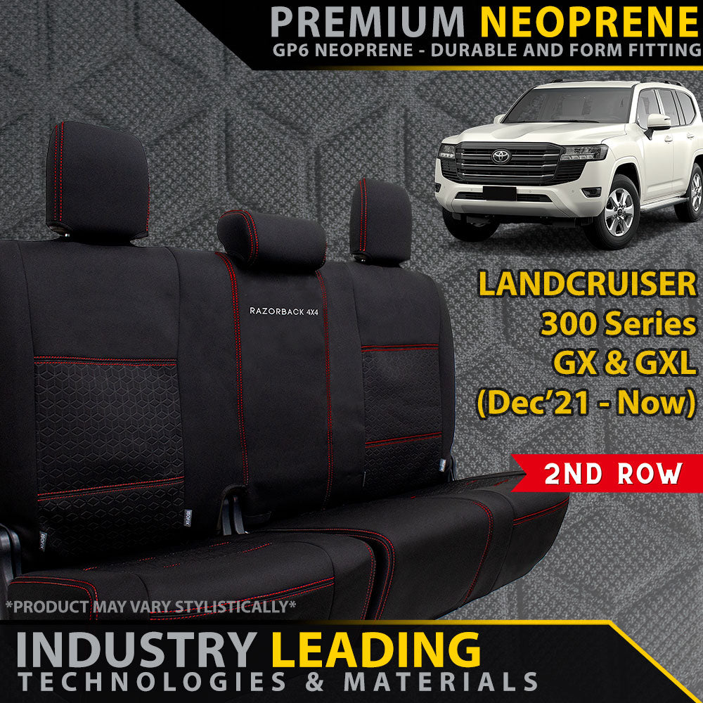 Razorback 4x4 GP6 Premium Neoprene Rear Row Seat Covers suitable for a Toyota Landcruiser 300 Series GX & GXL (Made to Order)