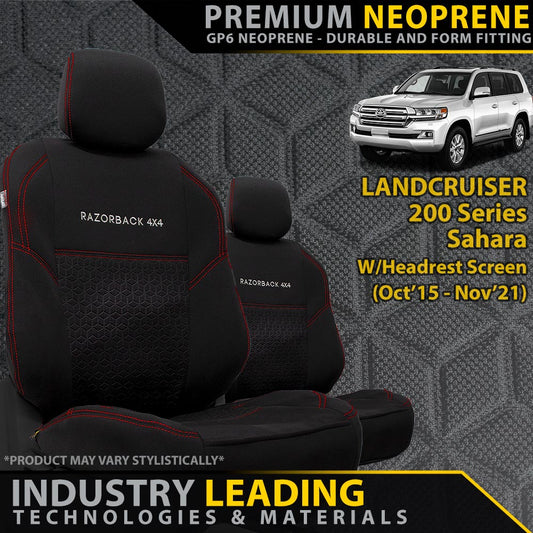 Toyota Landcruiser 200 Series Sahara W/Headrest Screen Premium Neoprene 2x Front Seat Covers (Made to Order)